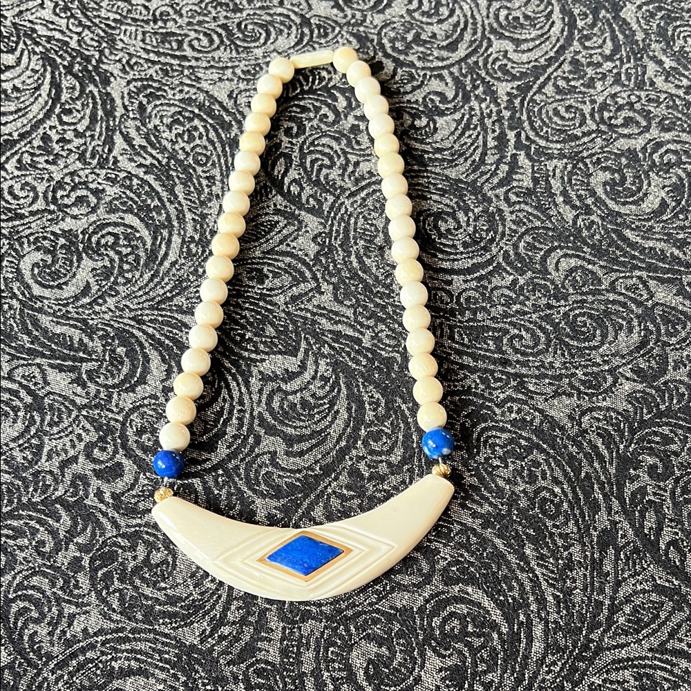 Beaded Necklace with Blue and Cream Pendant